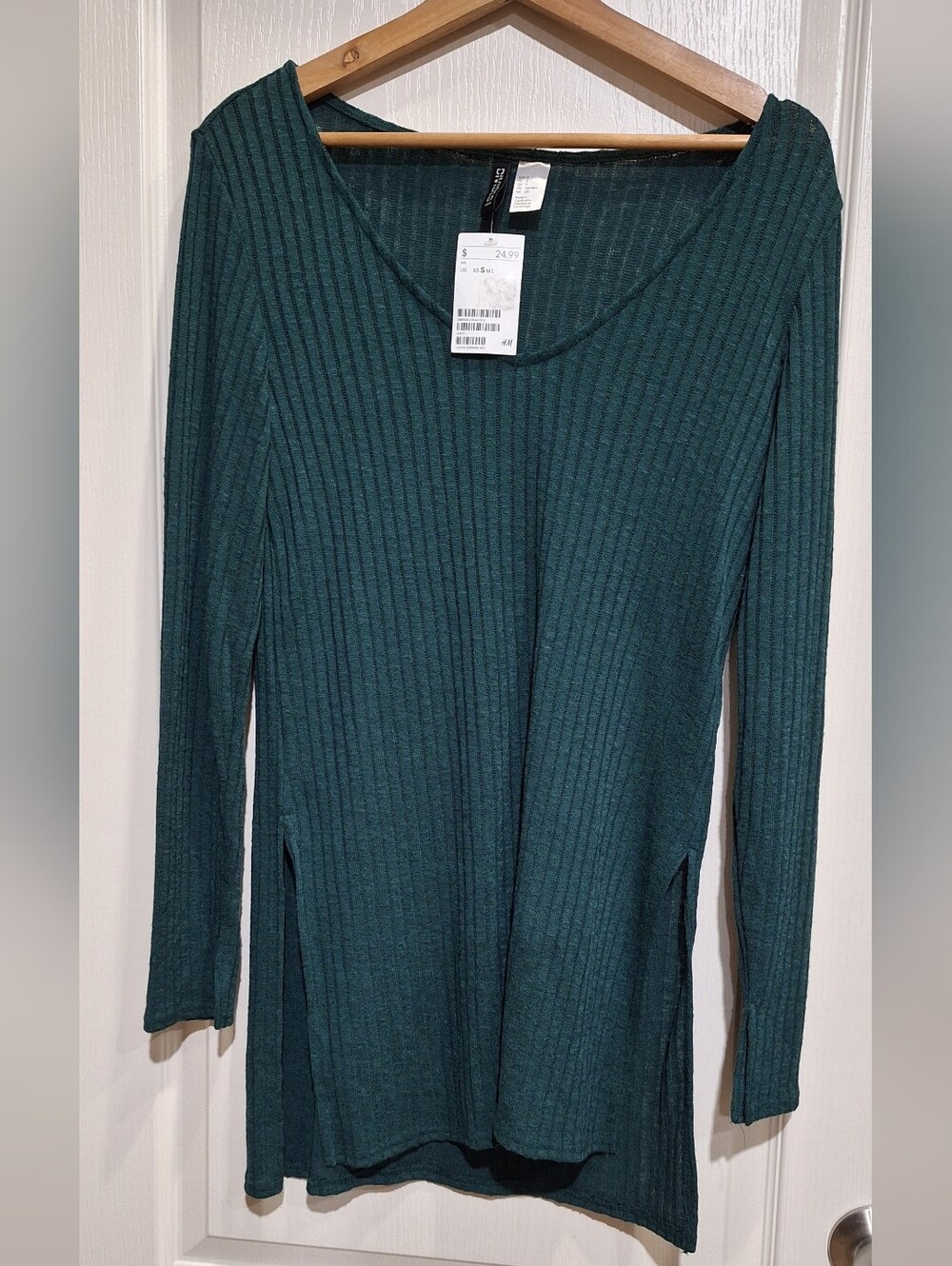 H&M Divided Ribbed Long Sleeve Forest Green Tunic Sweater Side Slit Top Sz Small